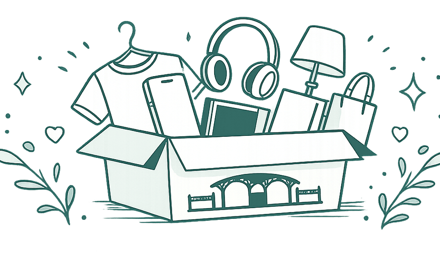 Ilustração de uma caixa de desapego com roupas, eletrônicos e itens diversos, com o portão do Belvedere desenhado na frente